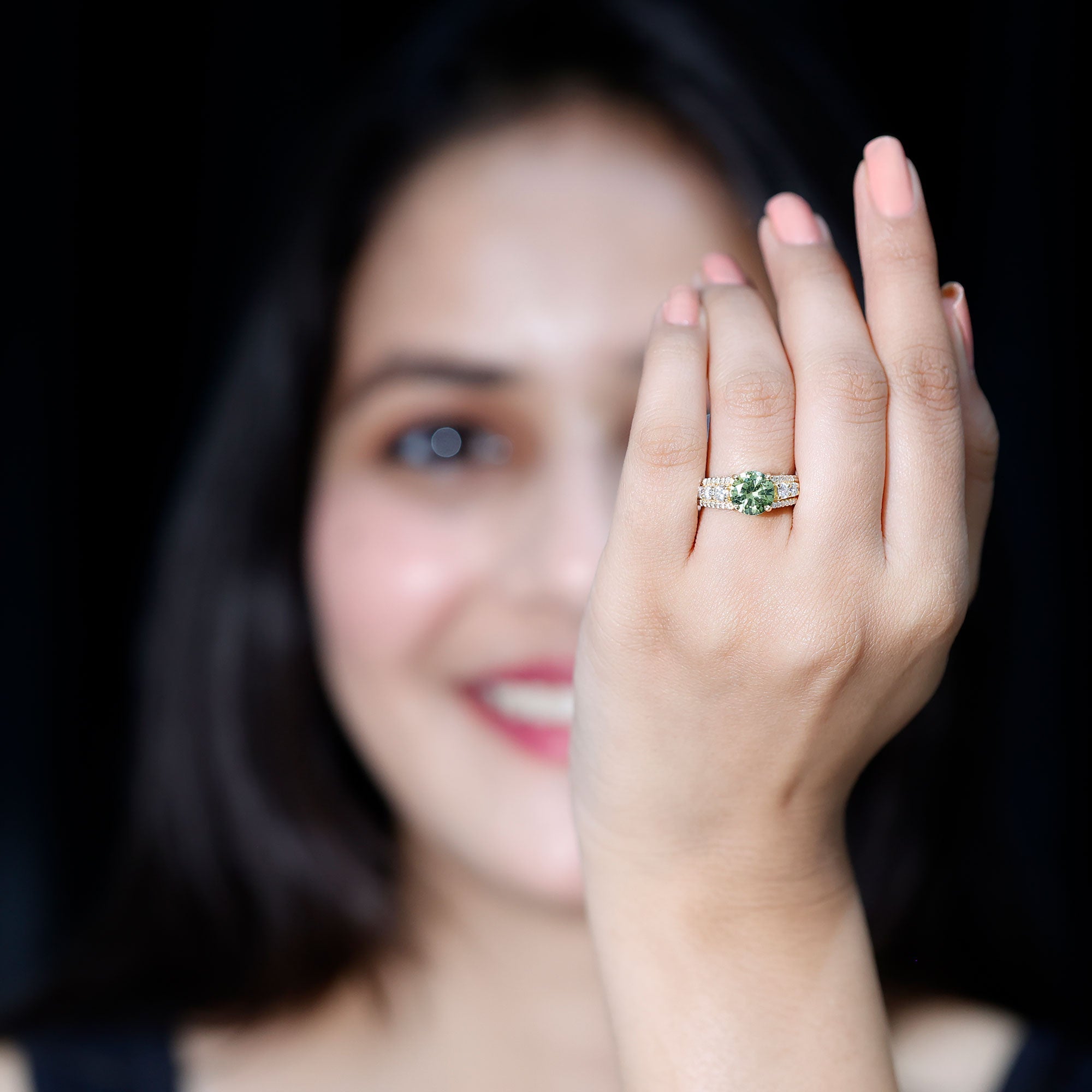 Created Green Sapphire Engagement Ring with Moissanite