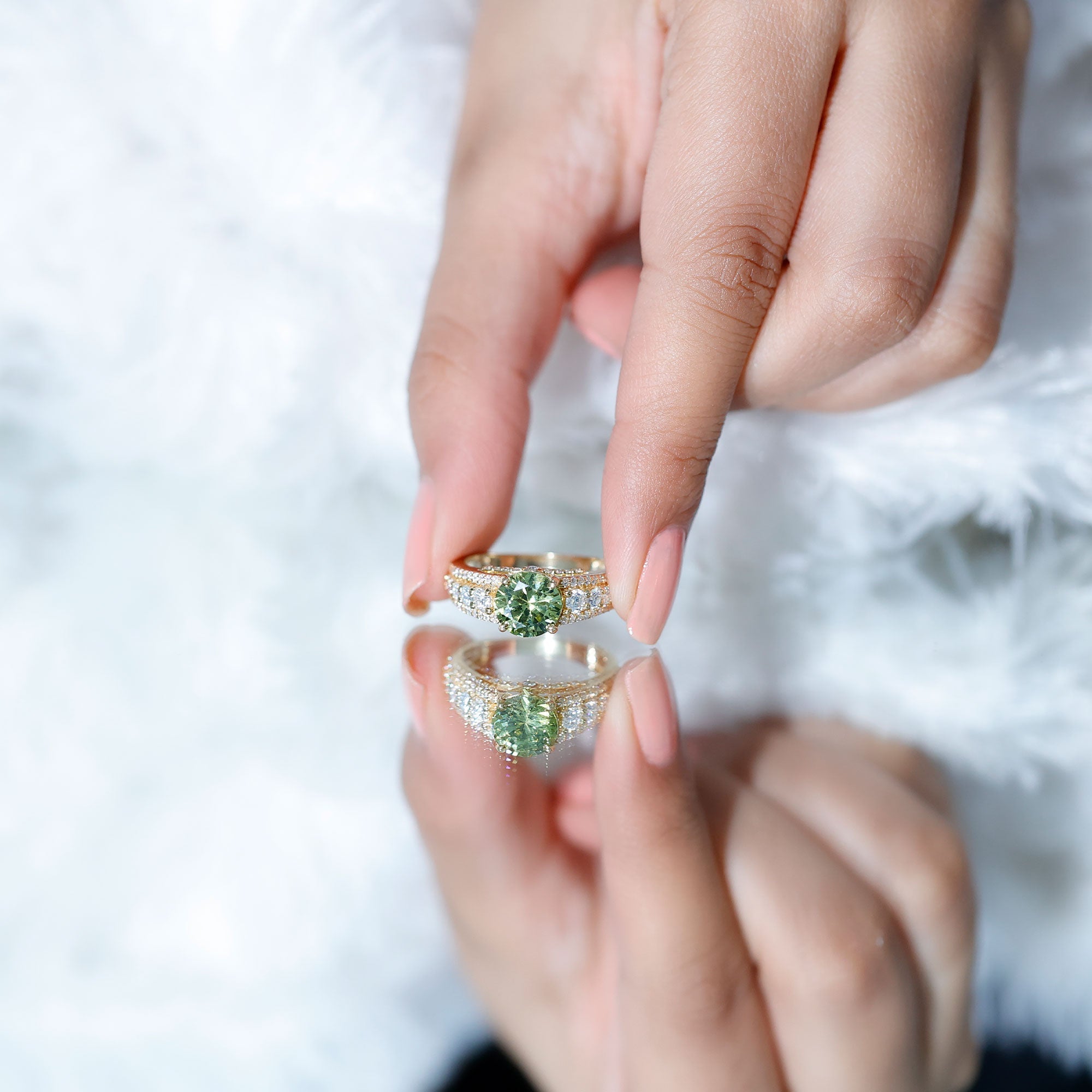 Created Green Sapphire Engagement Ring with Moissanite