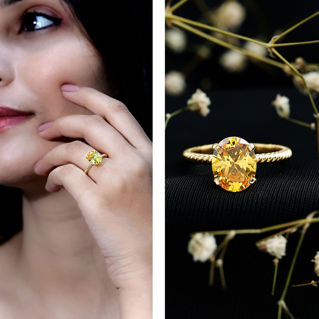 Oval Created Yellow Sapphire Solitaire Ring with Surprise Diamond