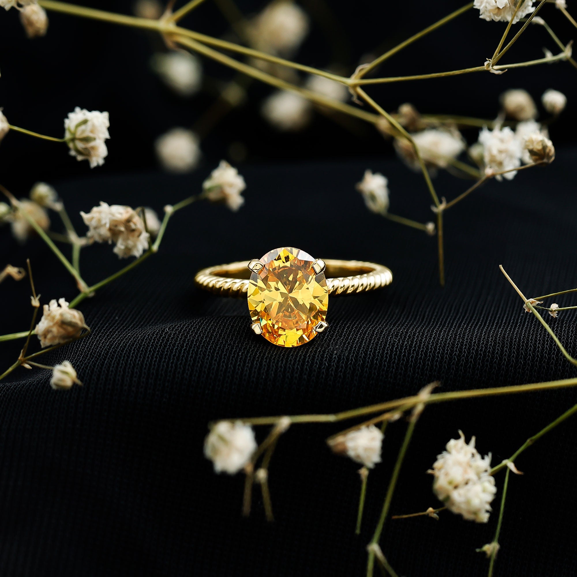 Oval Created Yellow Sapphire Solitaire Ring with Surprise Diamond