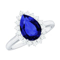 Certified 3.3 Carat Lab Grown Pear Shaped Blue Sapphire Engagement Ring with Diamond Halo