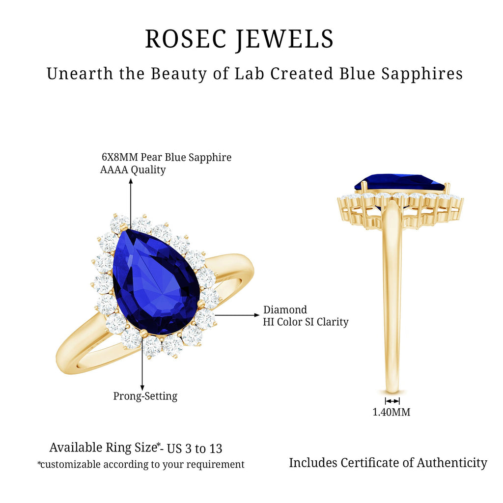 Certified 3.3 Carat Lab Grown Pear Shaped Blue Sapphire Engagement Ring with Diamond Halo