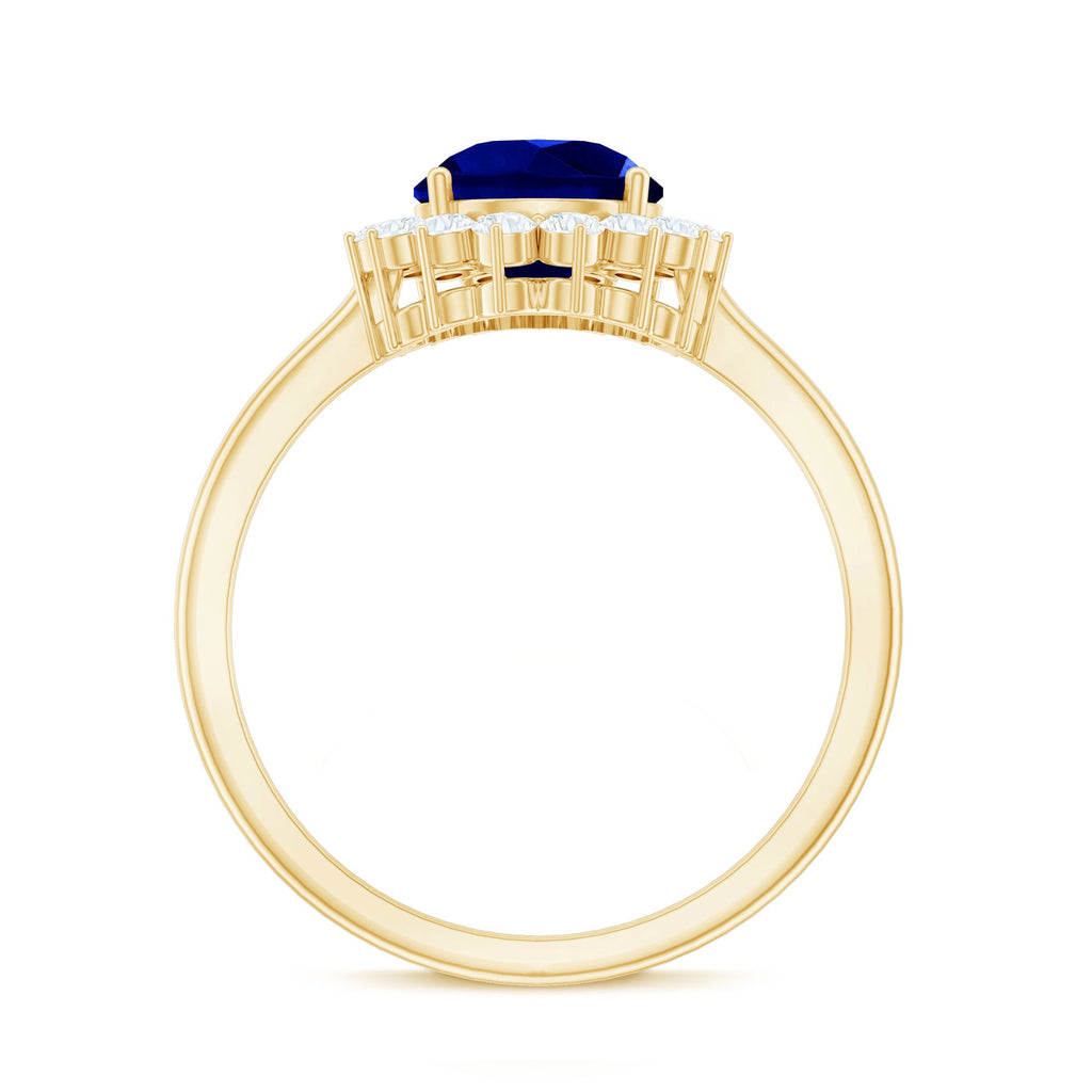 Certified 3.3 Carat Lab Grown Pear Shaped Blue Sapphire Engagement Ring with Diamond Halo