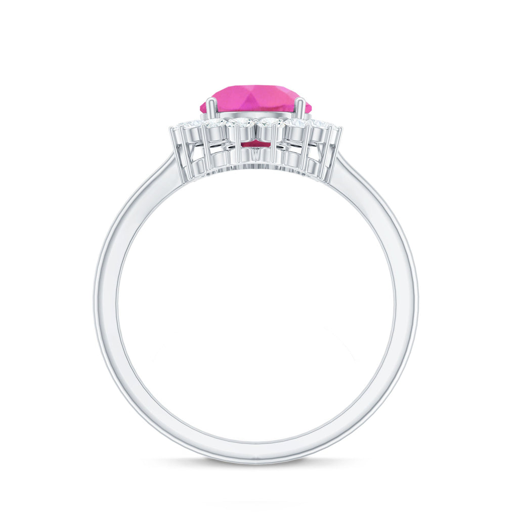 Pear Created Pink Sapphire and Diamond Halo Engagement Ring