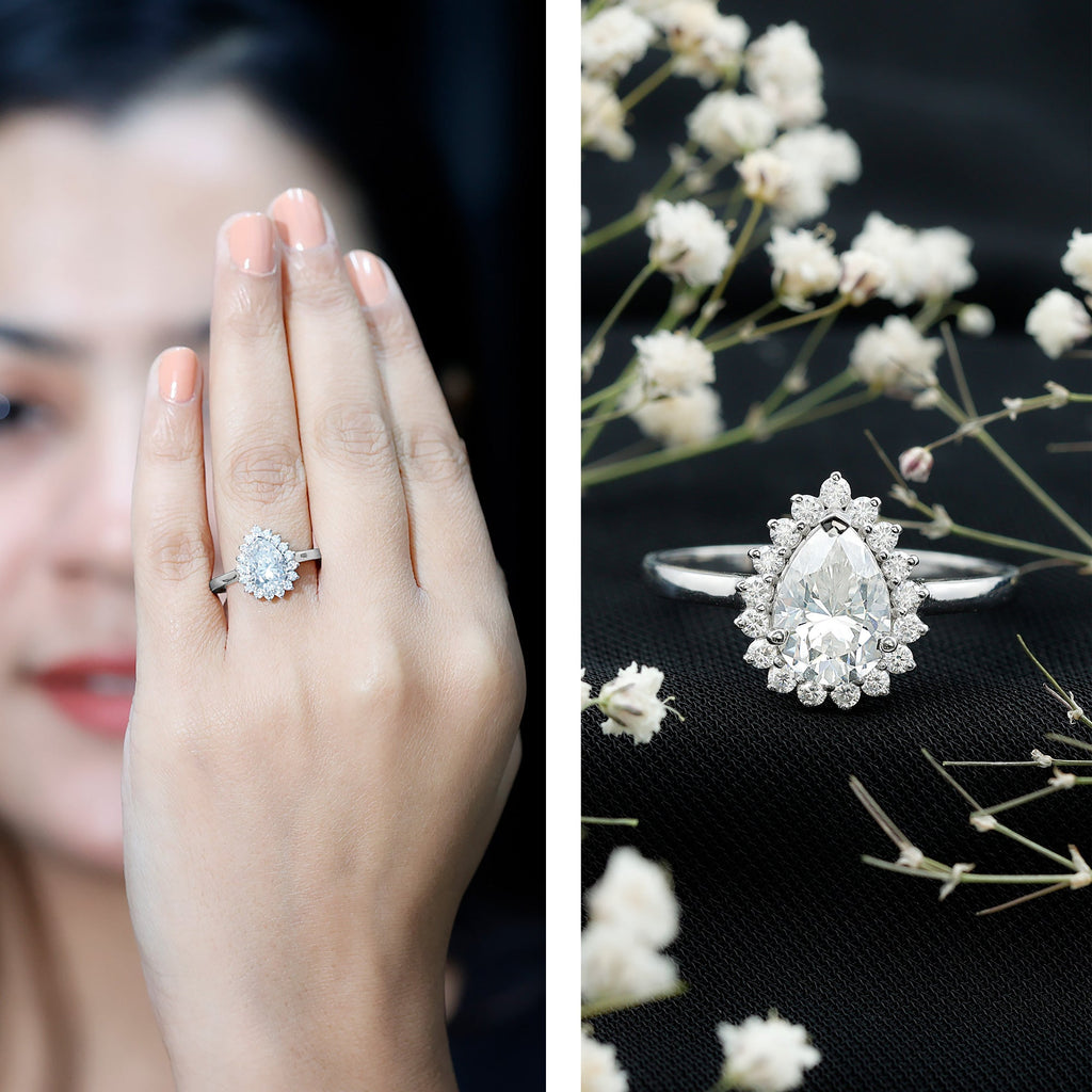 Cubic Zirconia Teardrop Halo Engagement Ring