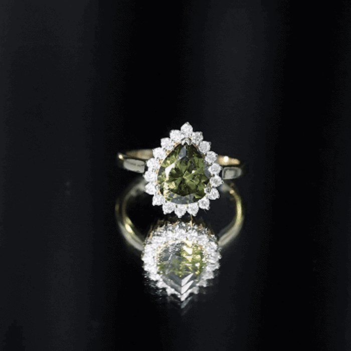 Created Green Sapphire and Moissanite Halo Teardrop Ring