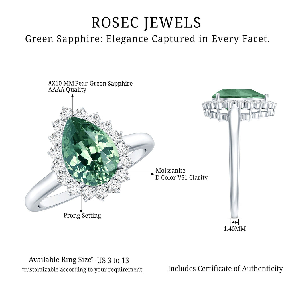 Created Green Sapphire and Moissanite Halo Teardrop Ring