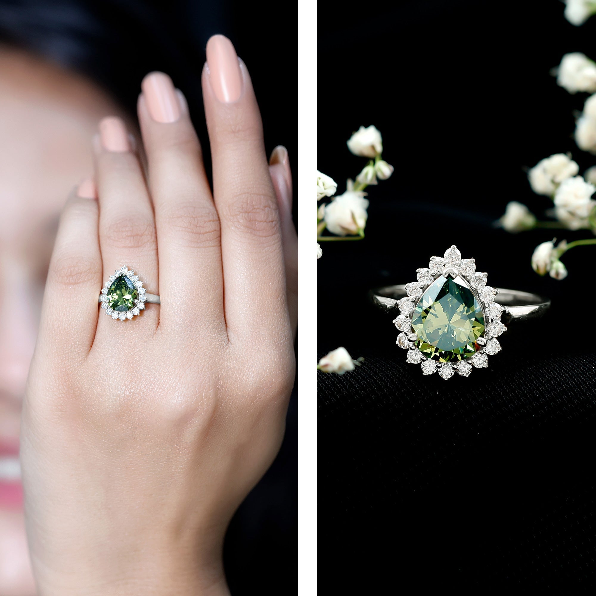 Created Green Sapphire and Moissanite Halo Teardrop Ring