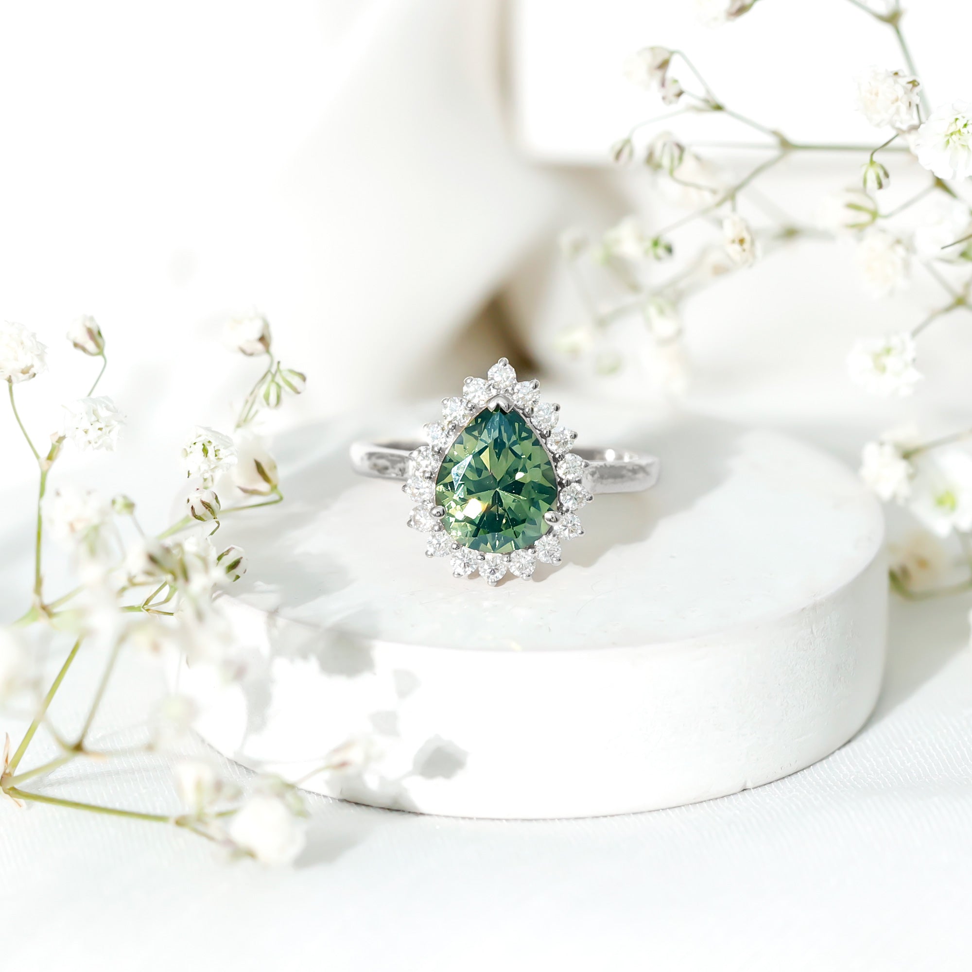 Created Green Sapphire and Moissanite Halo Teardrop Ring