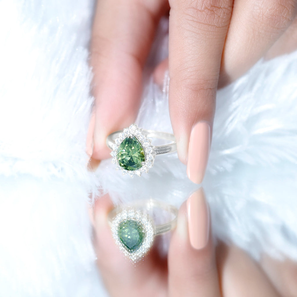 Created Green Sapphire and Moissanite Halo Teardrop Ring