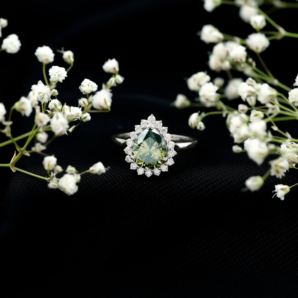 Created Green Sapphire and Moissanite Halo Teardrop Ring