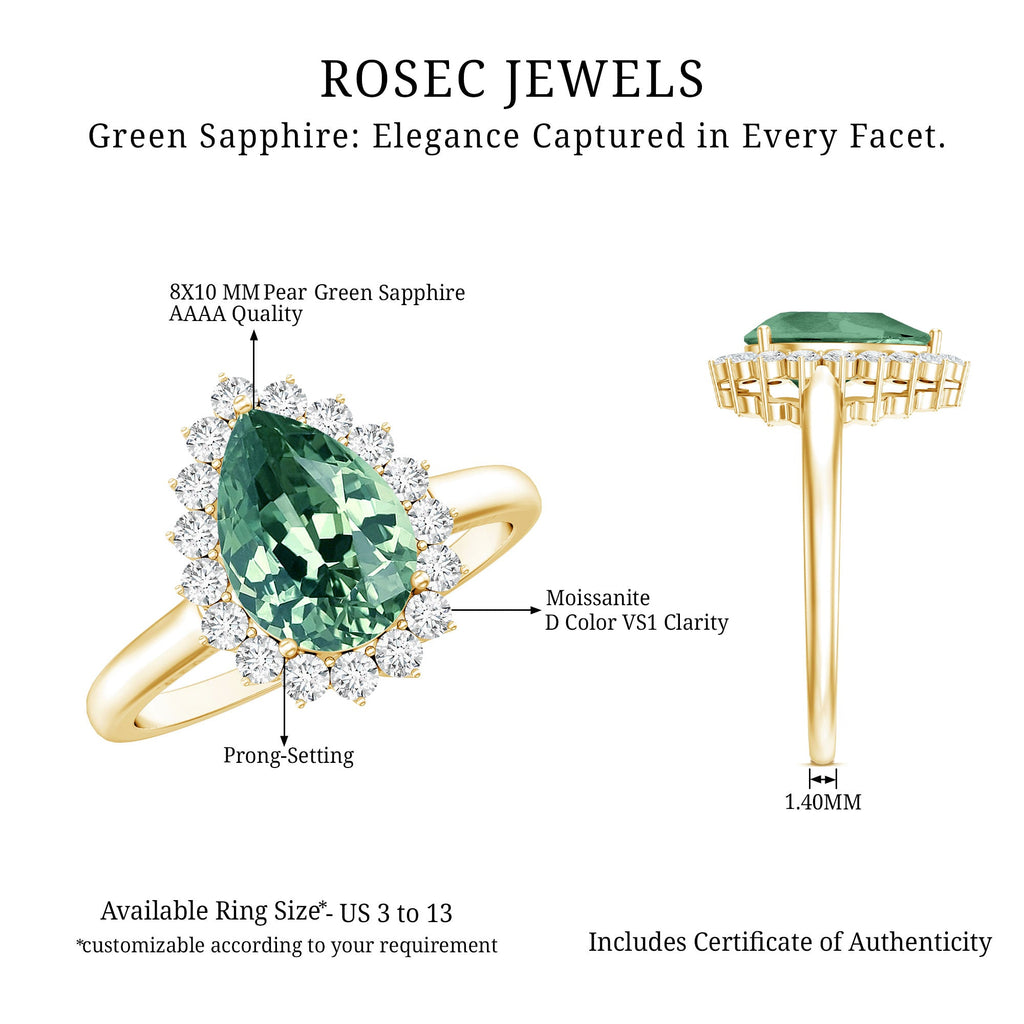 Created Green Sapphire and Moissanite Halo Teardrop Ring
