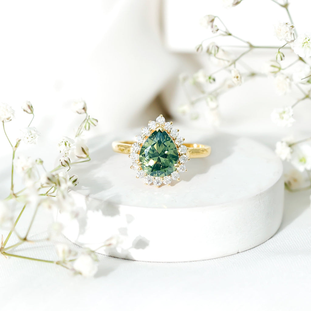 Created Green Sapphire and Moissanite Halo Teardrop Ring