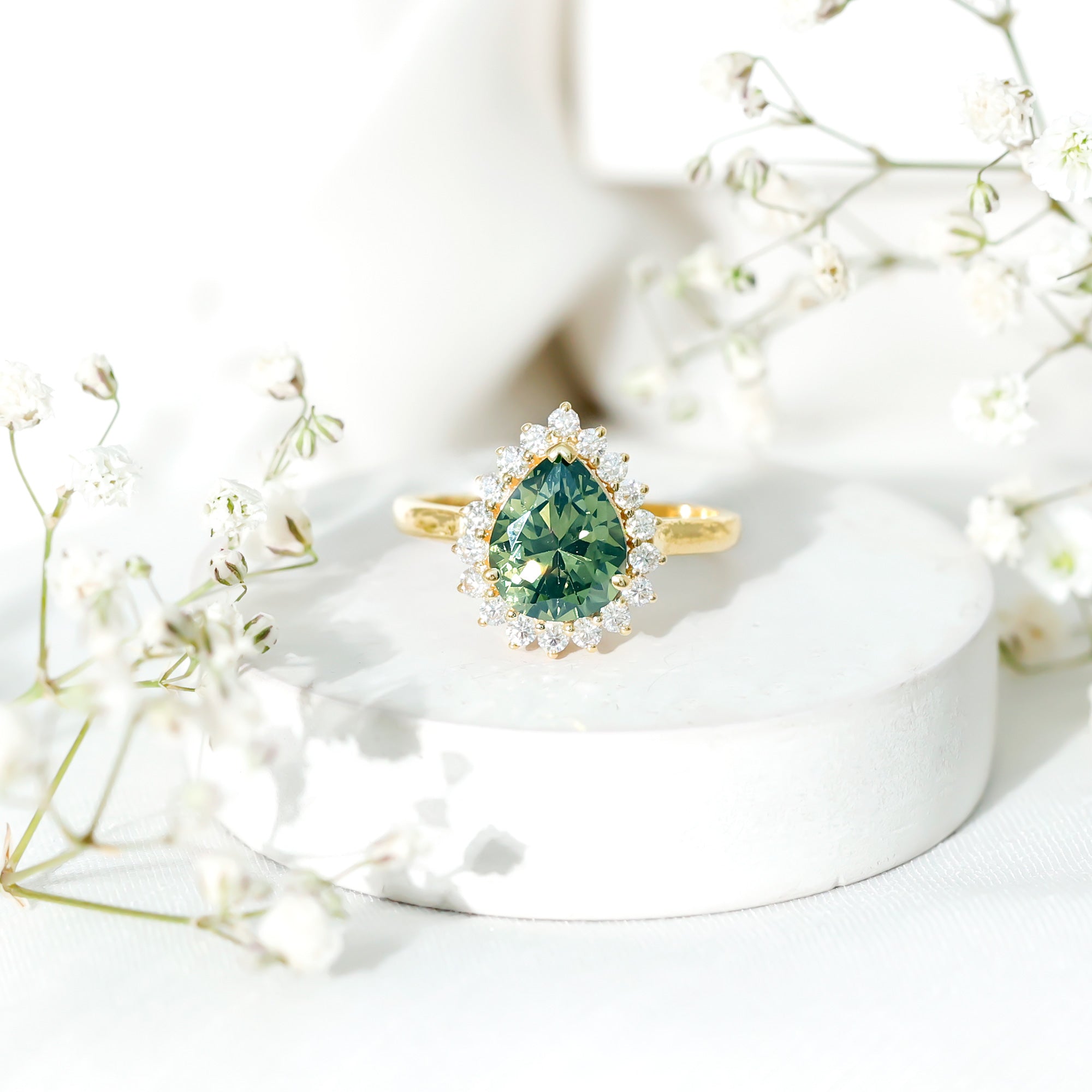 Created Green Sapphire and Moissanite Halo Teardrop Ring