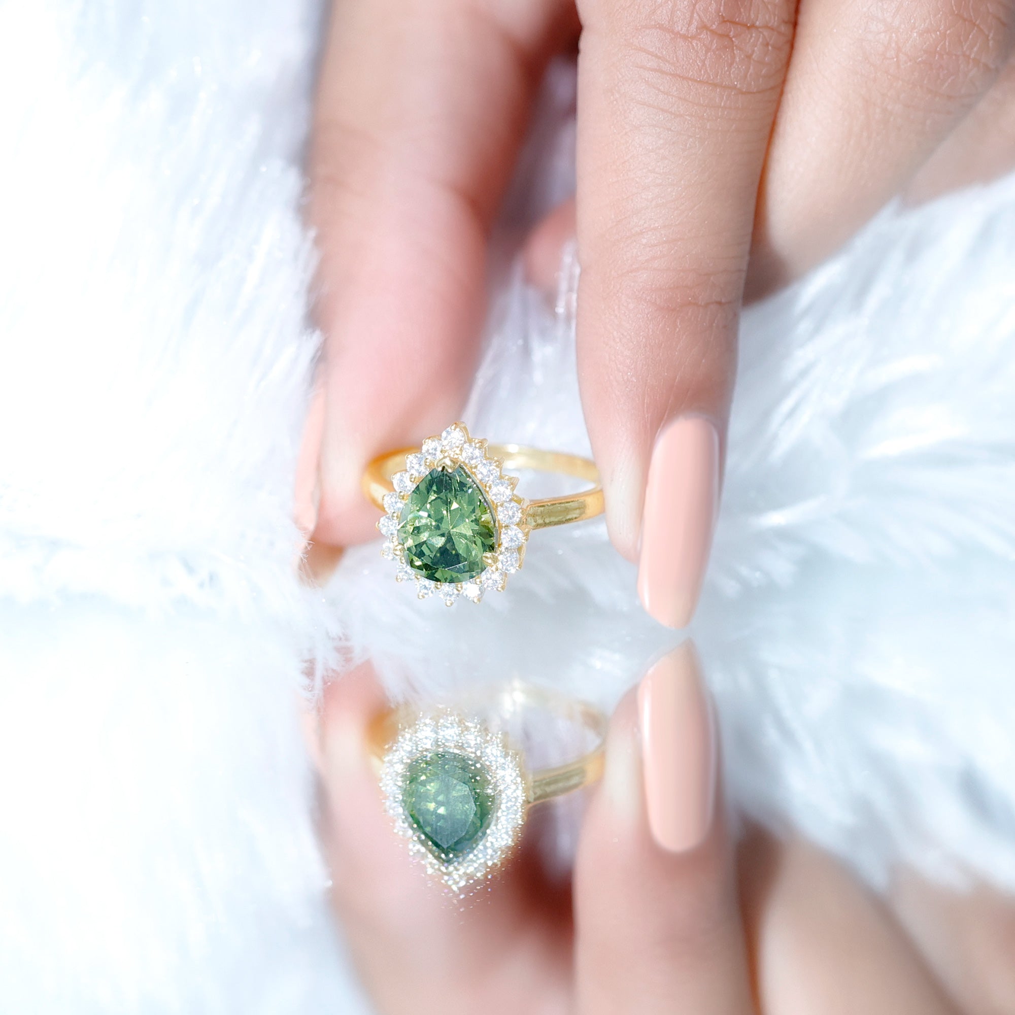 Created Green Sapphire and Moissanite Halo Teardrop Ring