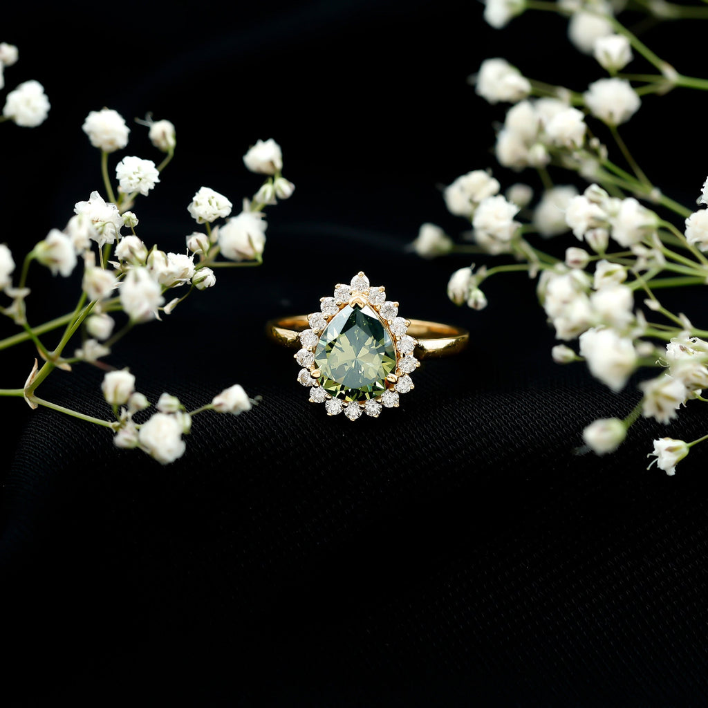 Created Green Sapphire and Moissanite Halo Teardrop Ring