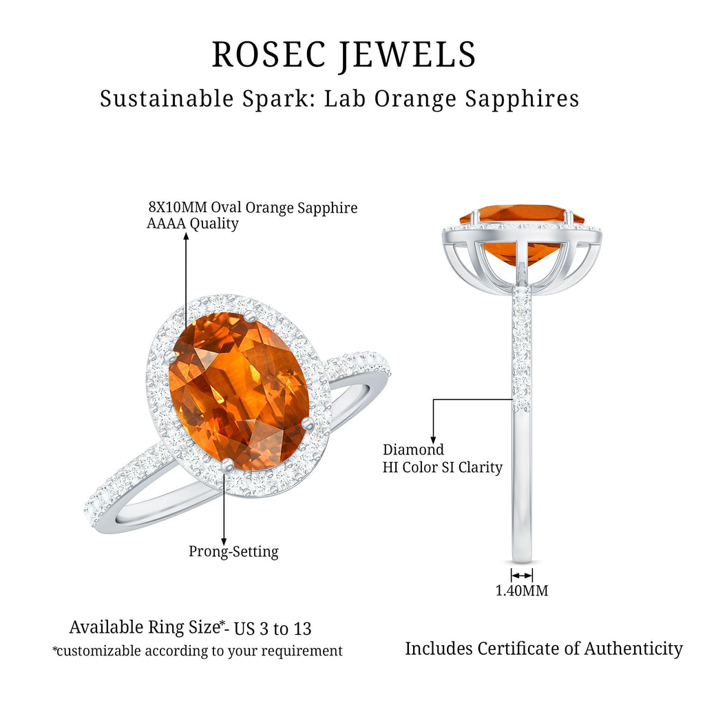 4 Carat Lab Grown Orange Sapphire Oval Engagement Ring with Diamond Halo
