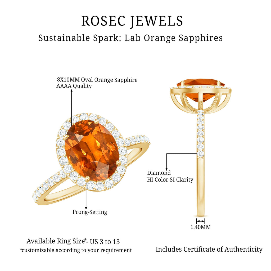 4 Carat Lab Grown Orange Sapphire Oval Engagement Ring with Diamond Halo