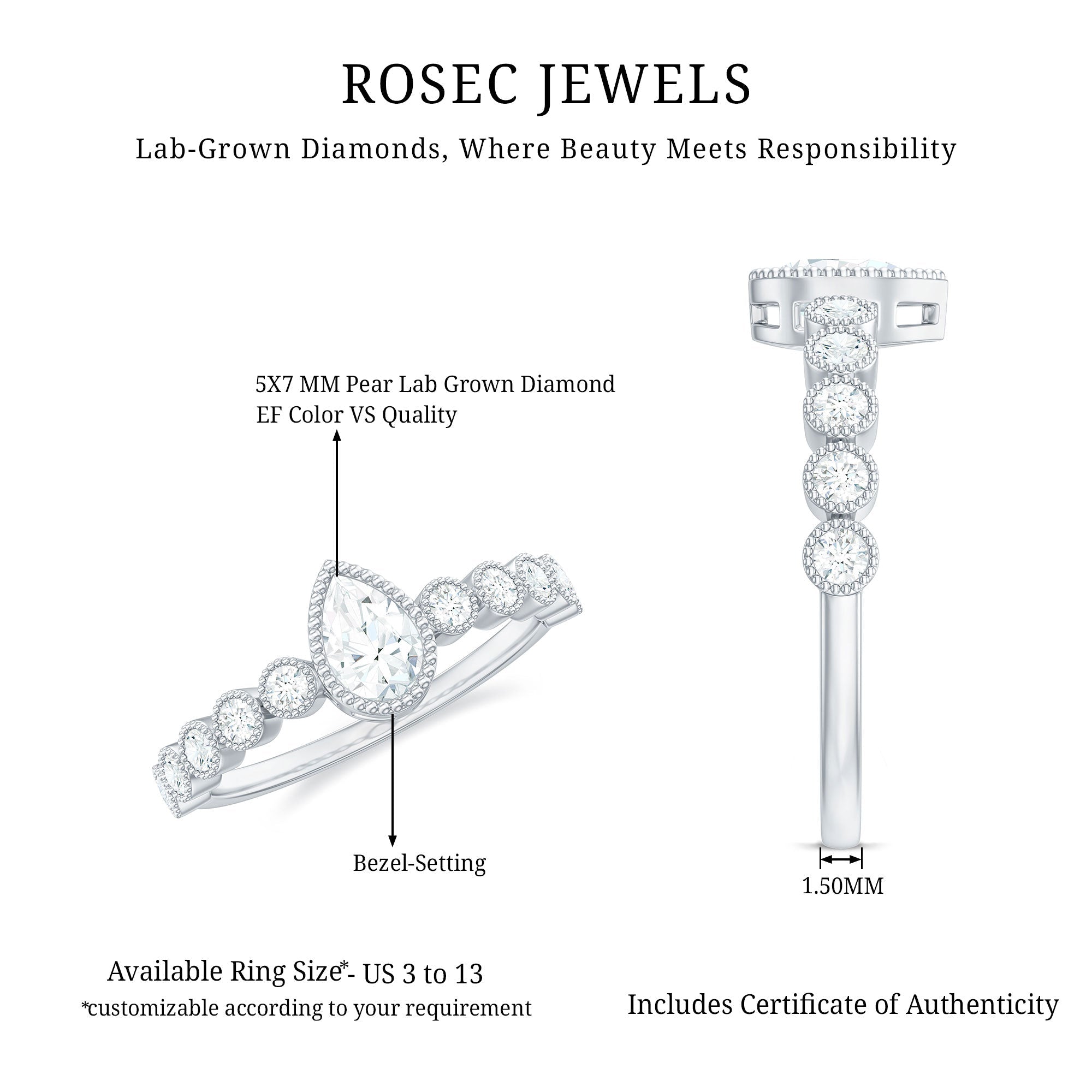 Lab Grown Diamond 5X7 MM Pear Shaped Engagement Ring With Side Stones