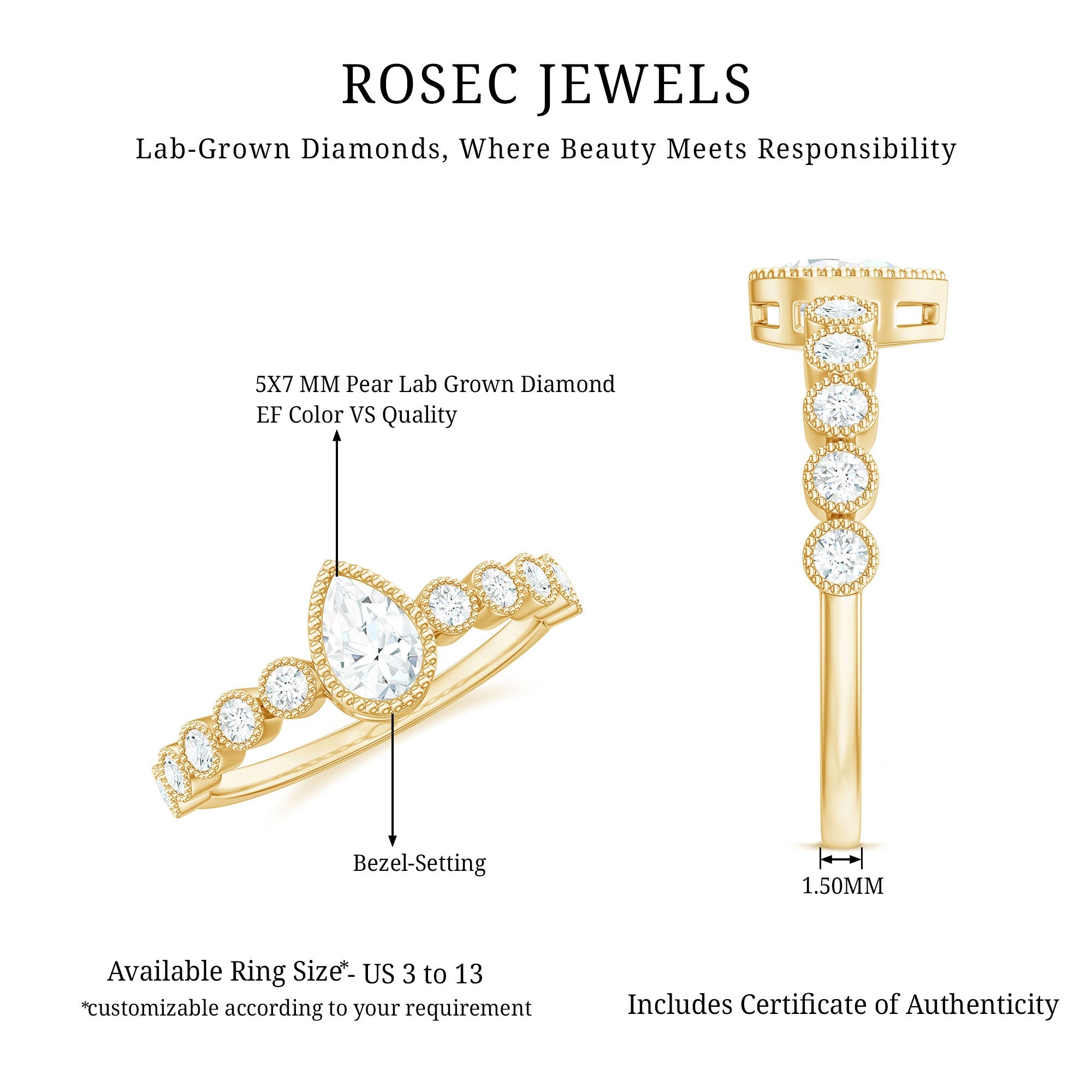 Lab Grown Diamond 5X7 MM Pear Shaped Engagement Ring With Side Stones