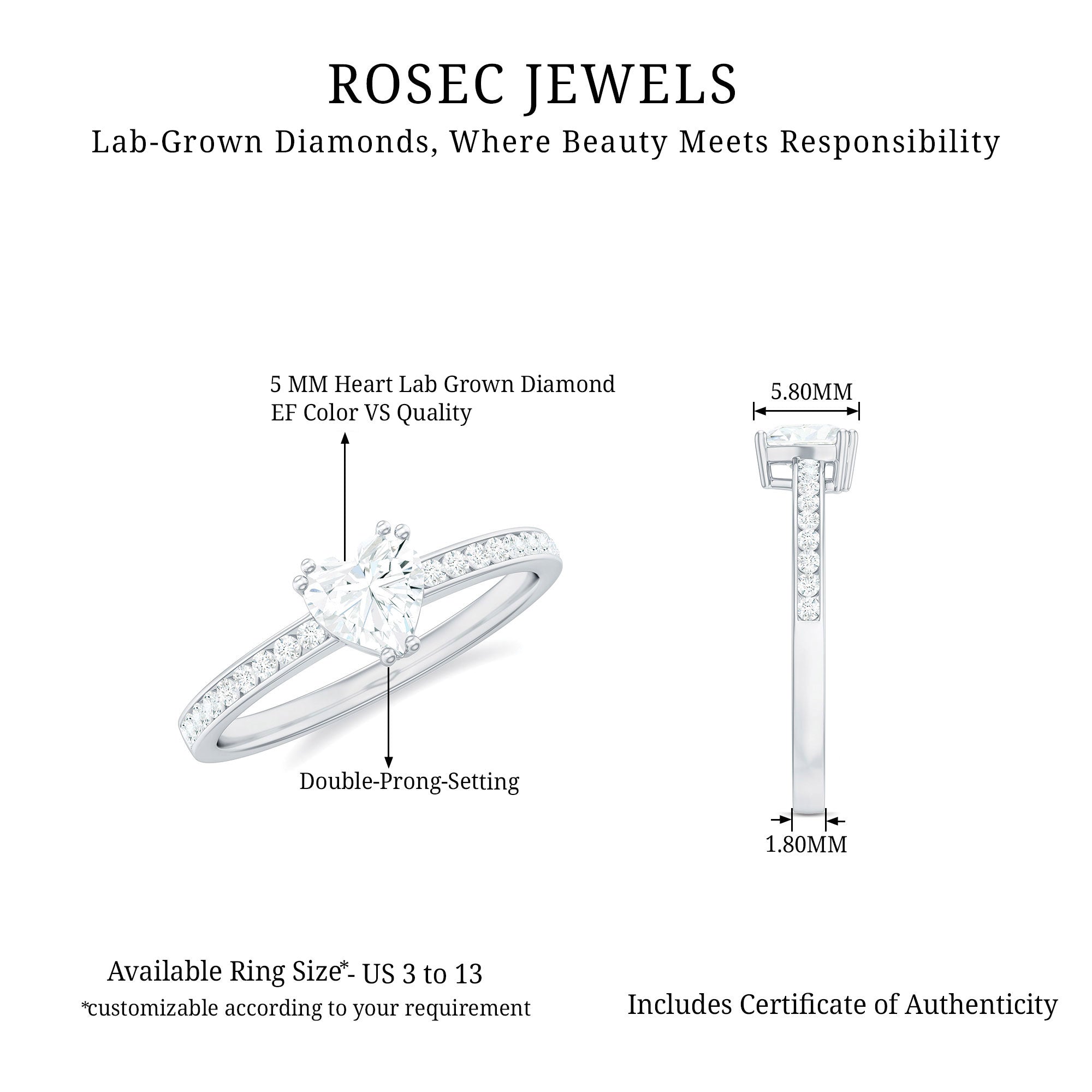 Lab Grown Diamond 5 MM Heart Engagement Ring With Side Stones