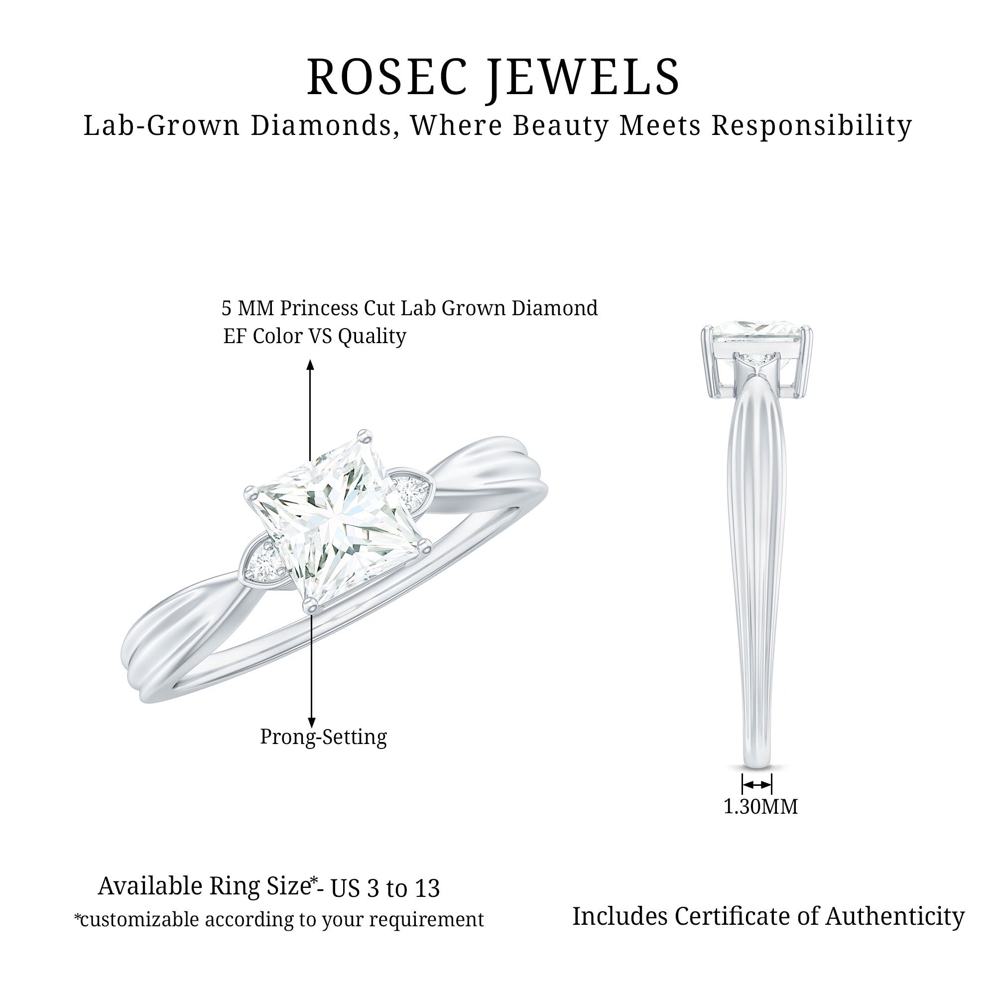 5 MM Princess Cut Lab Grown Diamond Solitaire Promise Ring