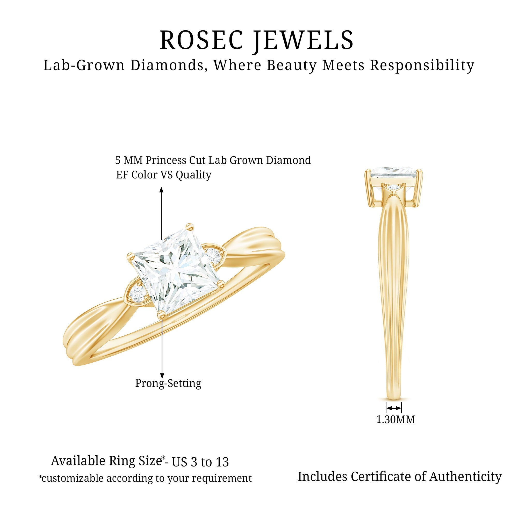 5 MM Princess Cut Lab Grown Diamond Solitaire Promise Ring