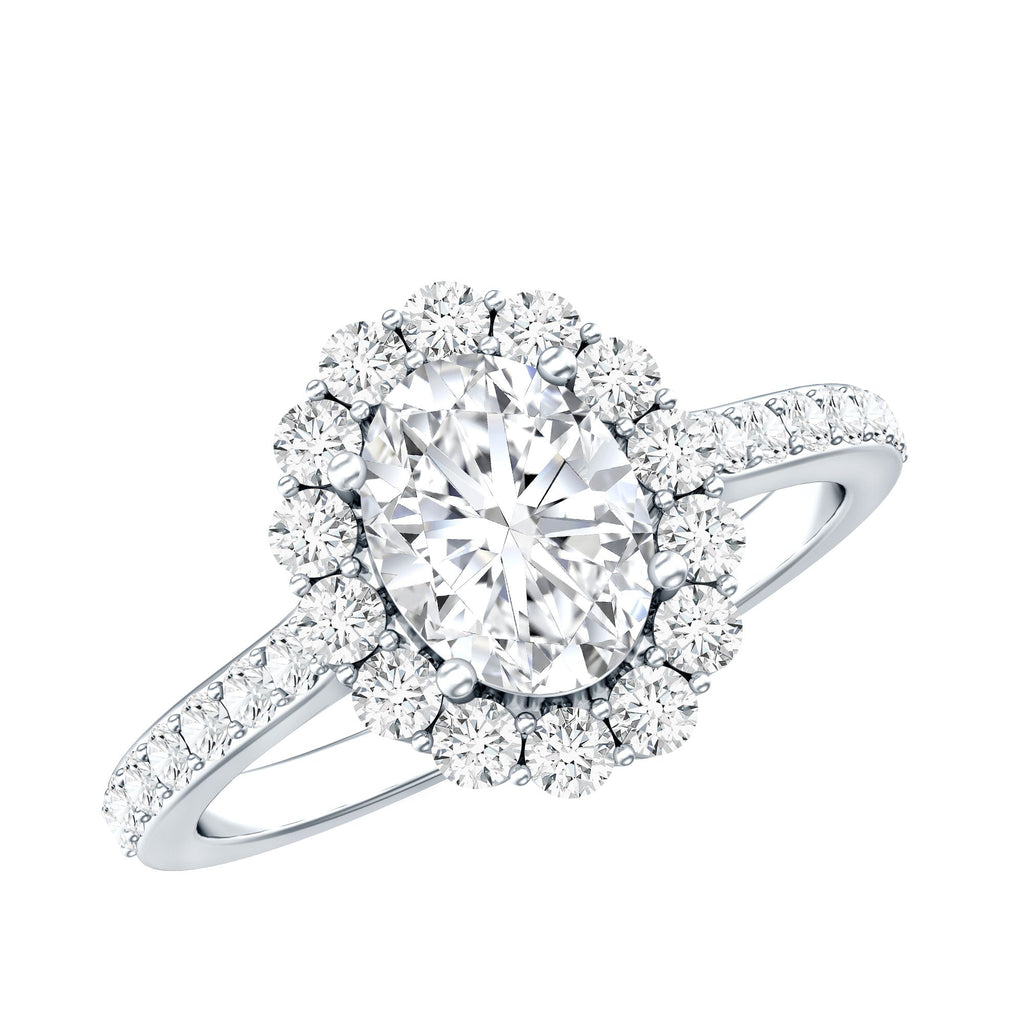 Lab Grown Diamond 6X8MM Oval Halo Engagement Ring With Side Stones