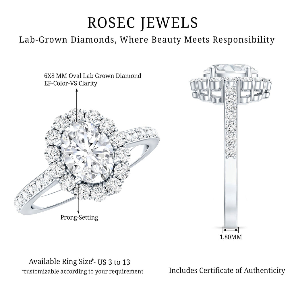 Lab Grown Diamond 6X8MM Oval Halo Engagement Ring With Side Stones