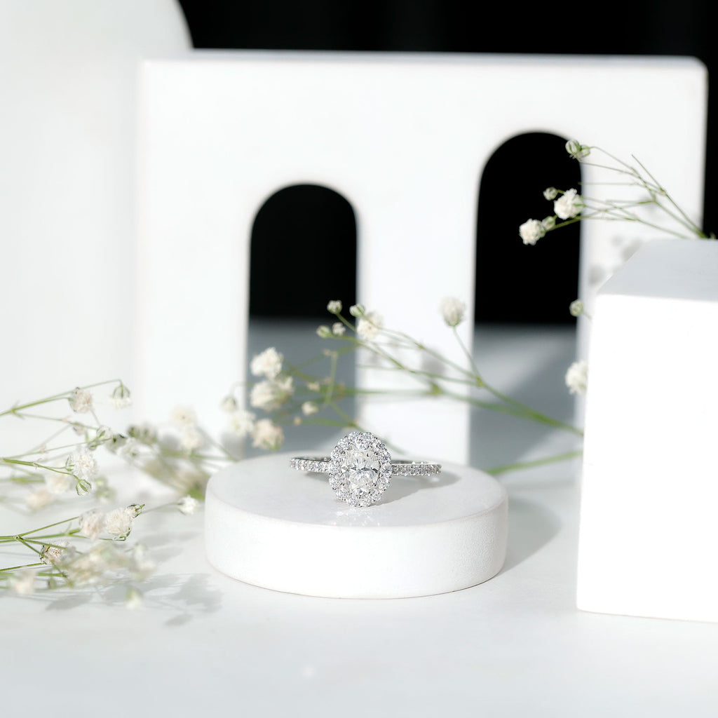 Lab Grown Diamond 6X8MM Oval Halo Engagement Ring With Side Stones