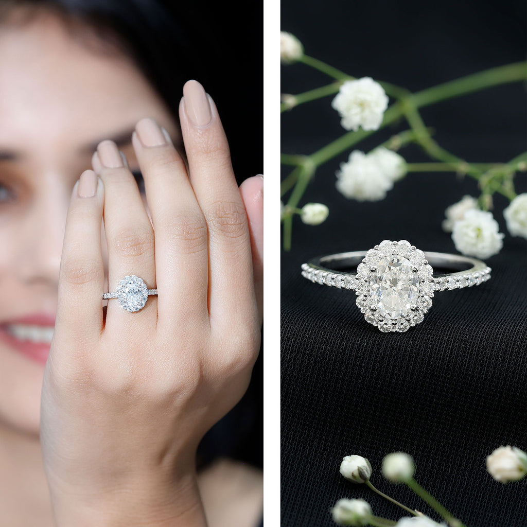 Lab Grown Diamond 6X8MM Oval Halo Engagement Ring With Side Stones