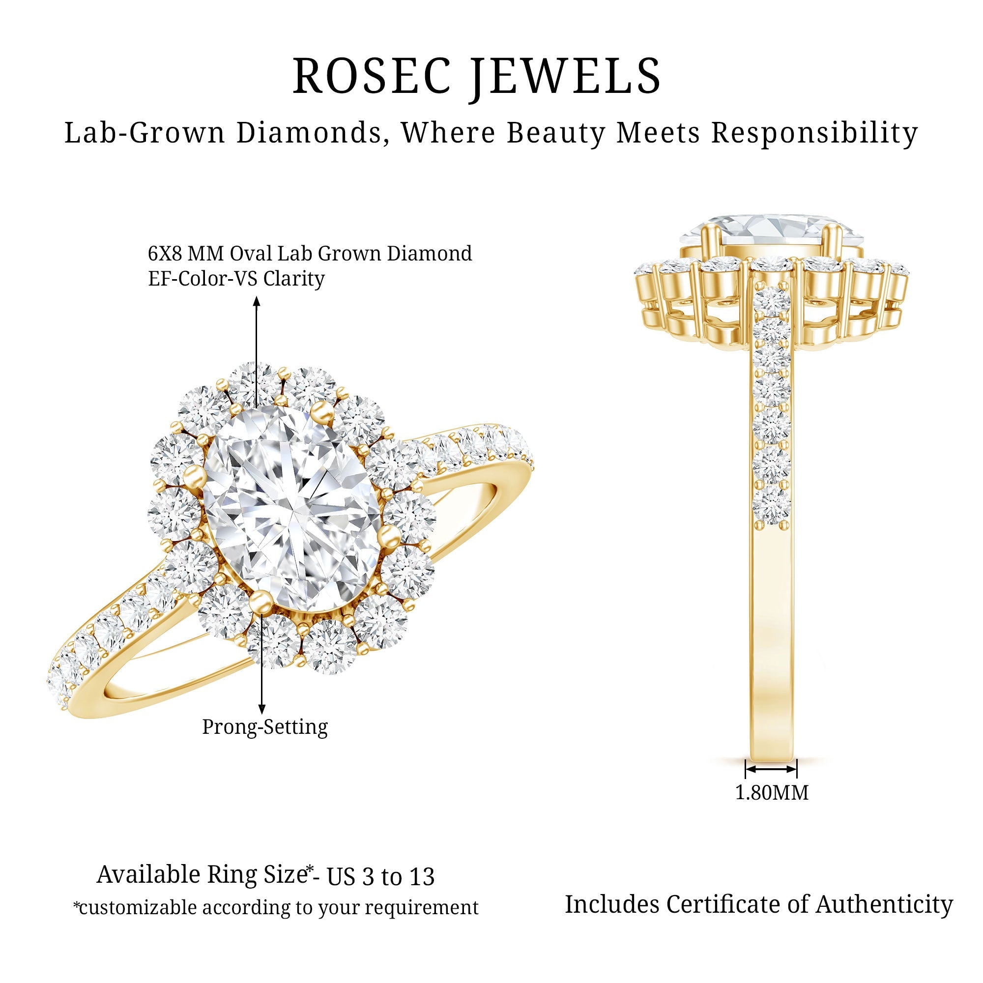 Lab Grown Diamond 6X8MM Oval Halo Engagement Ring With Side Stones
