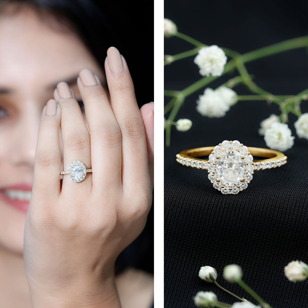 Lab Grown Diamond 6X8MM Oval Halo Engagement Ring With Side Stones