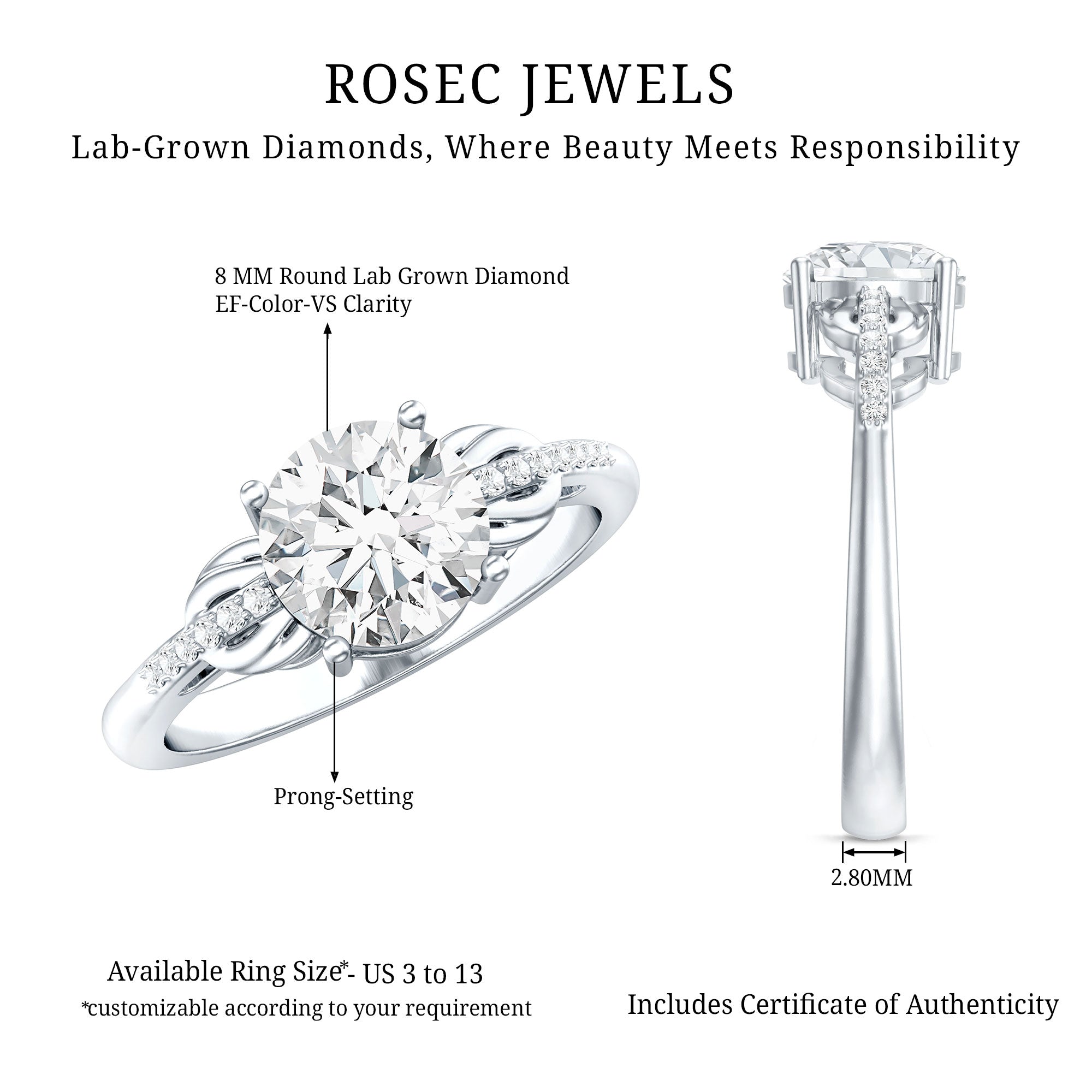 Certified 8 MM Round Lab Grown Diamond Unique Engagement Ring