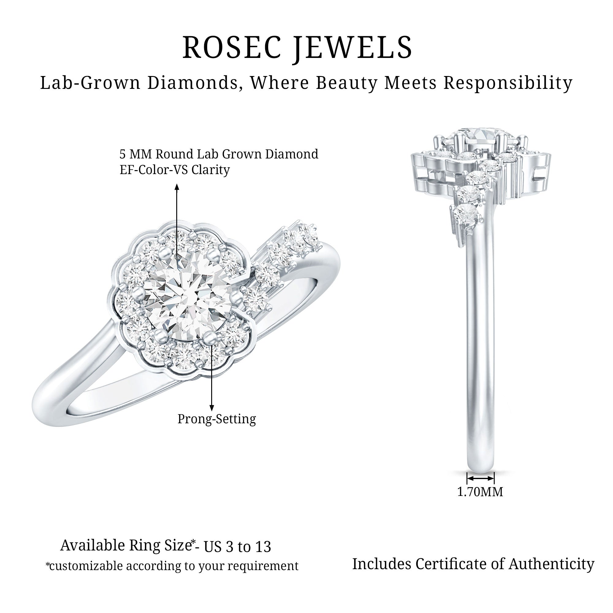 Certified 5 MM Lab Grown Diamond Nature Inspired Engagement Ring
