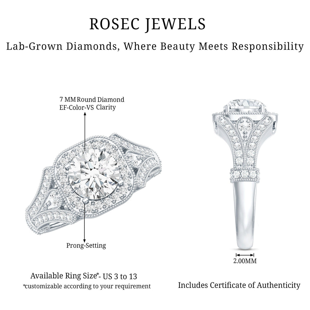 Certified 7 MM Lab Grown Diamond Vintage Style Engagement Ring