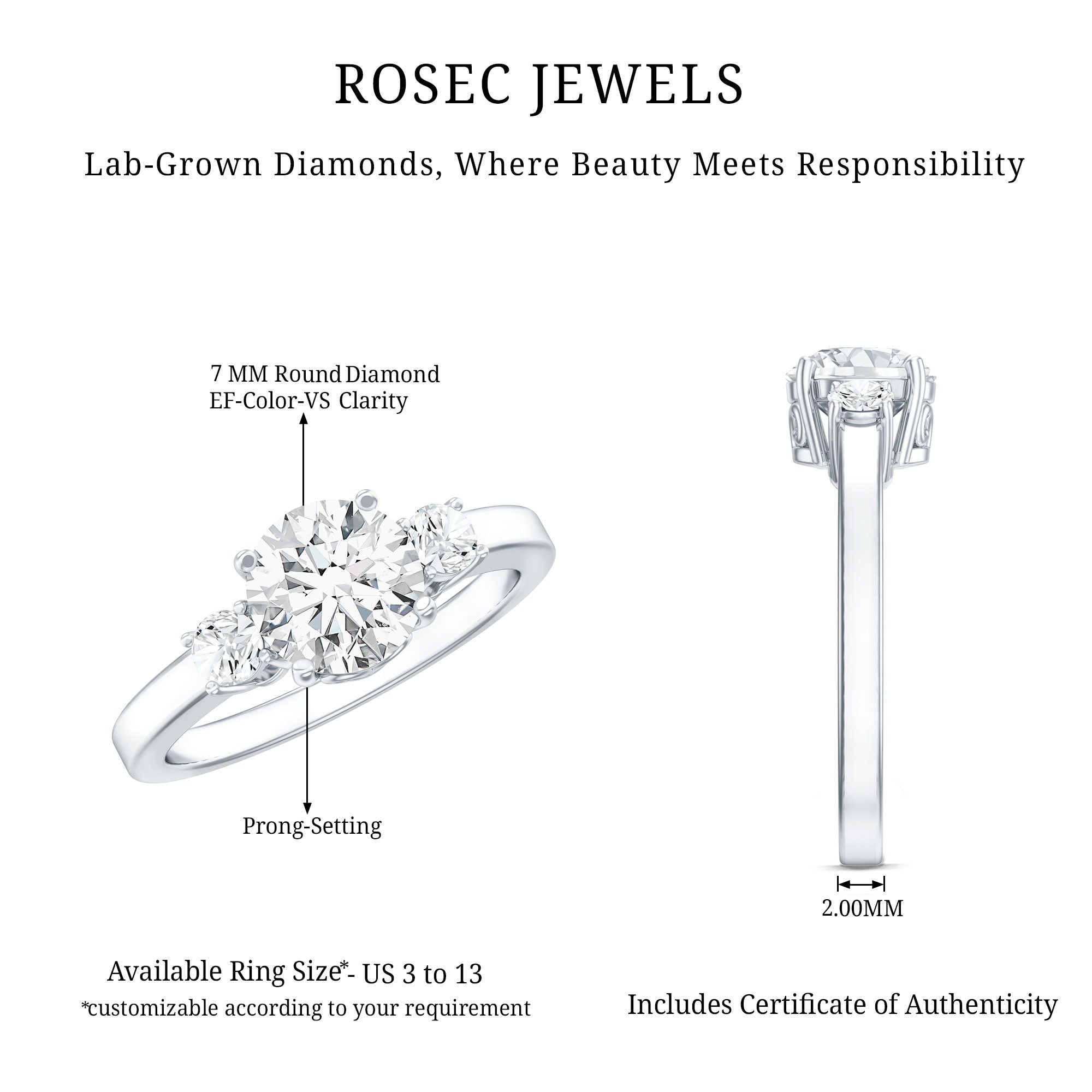 3 Stone Lab Grown Diamond Engagement Ring for Women