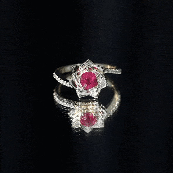 Round Ruby and Diamond Floral Engagement Ring with Bypass Shank