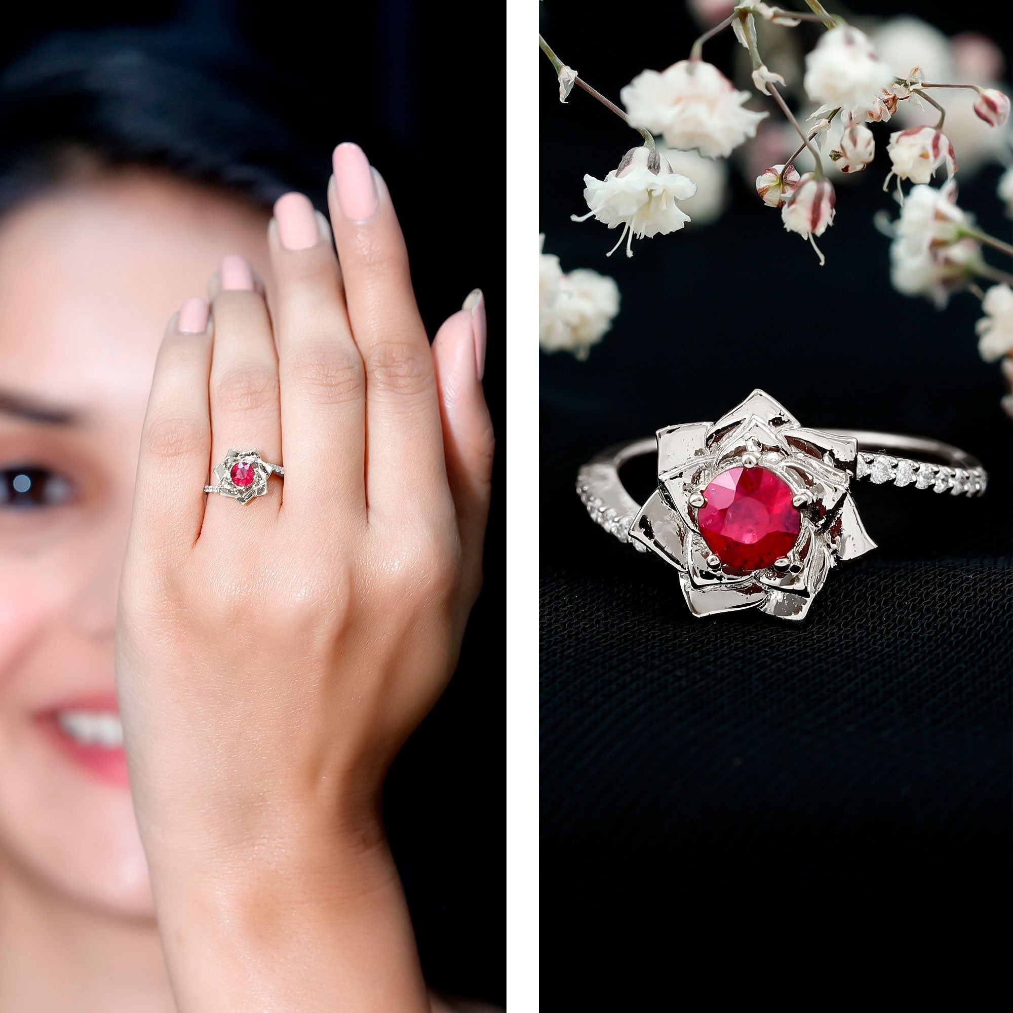 Round Ruby and Diamond Floral Engagement Ring with Bypass Shank