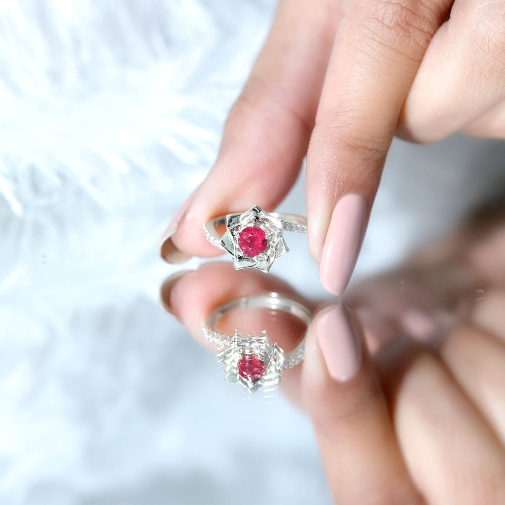 Round Ruby and Diamond Floral Engagement Ring with Bypass Shank