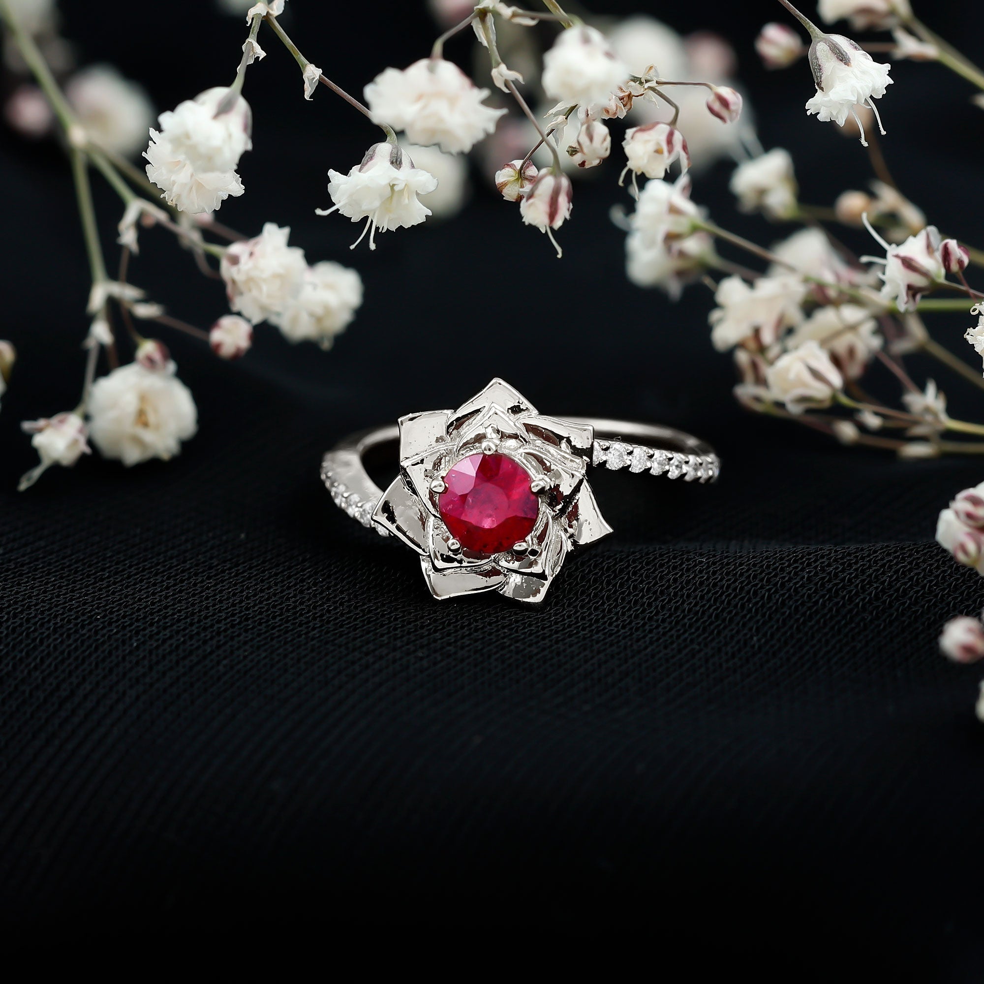 Round Ruby and Diamond Floral Engagement Ring with Bypass Shank