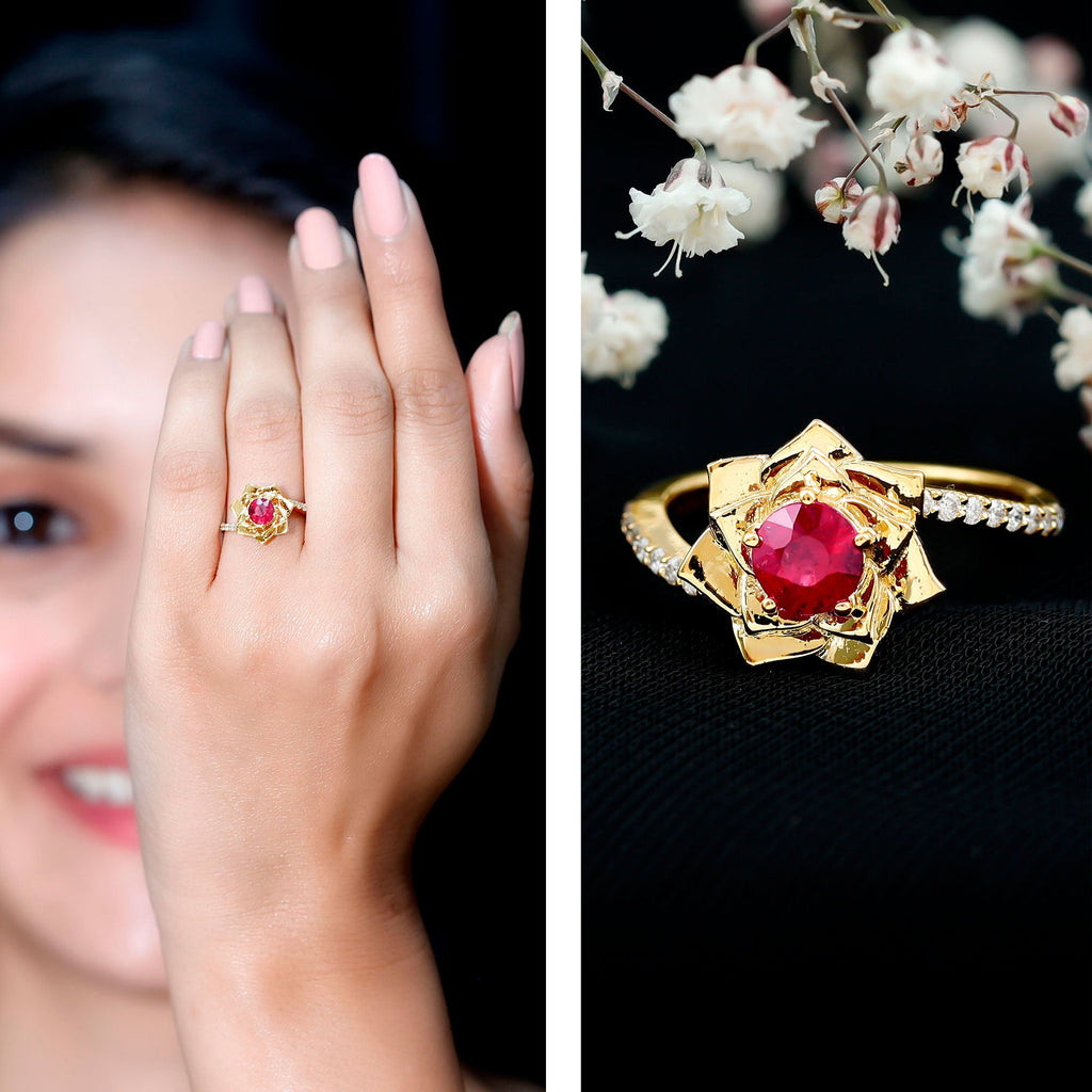 Round Ruby and Diamond Floral Engagement Ring with Bypass Shank