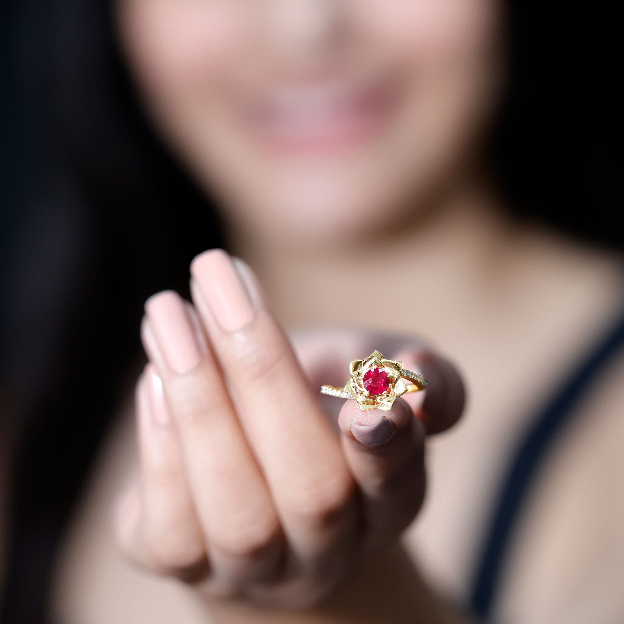 Round Ruby and Diamond Floral Engagement Ring with Bypass Shank