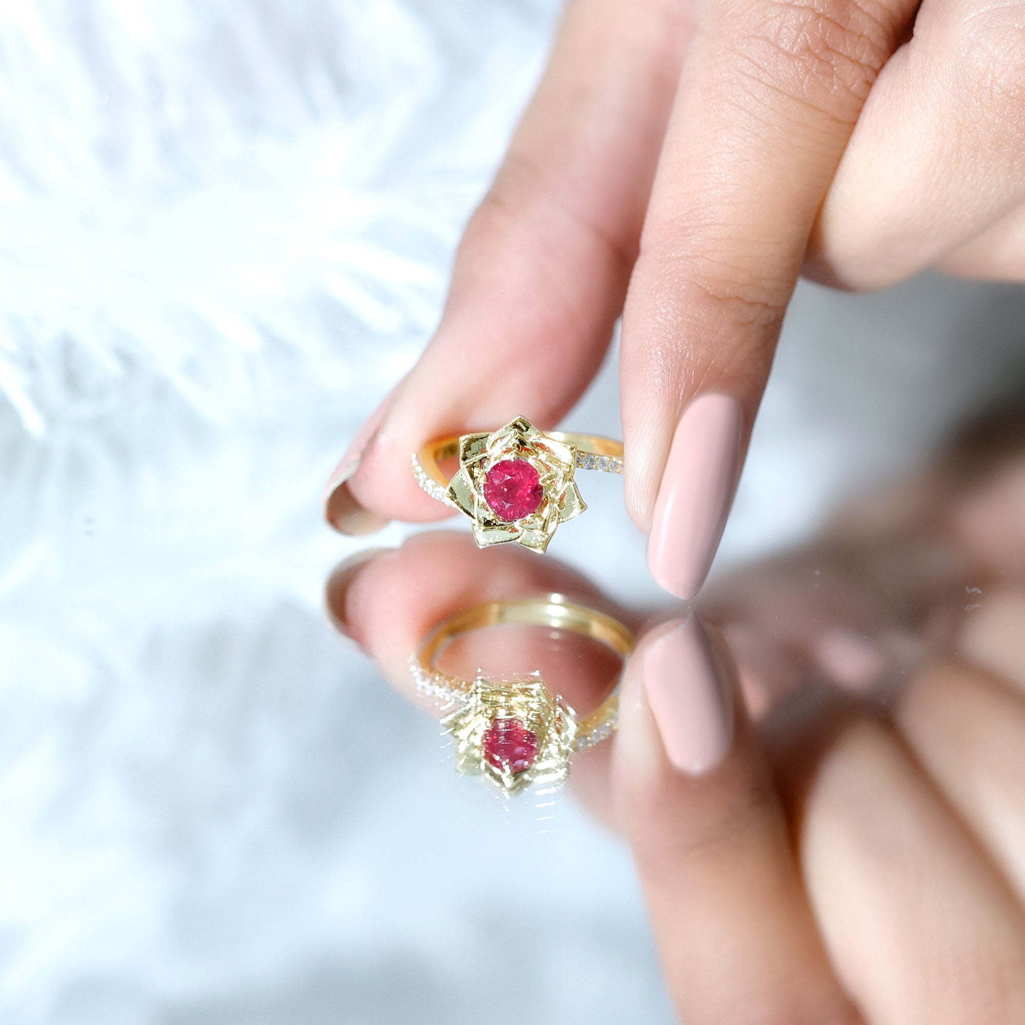 Round Ruby and Diamond Floral Engagement Ring with Bypass Shank