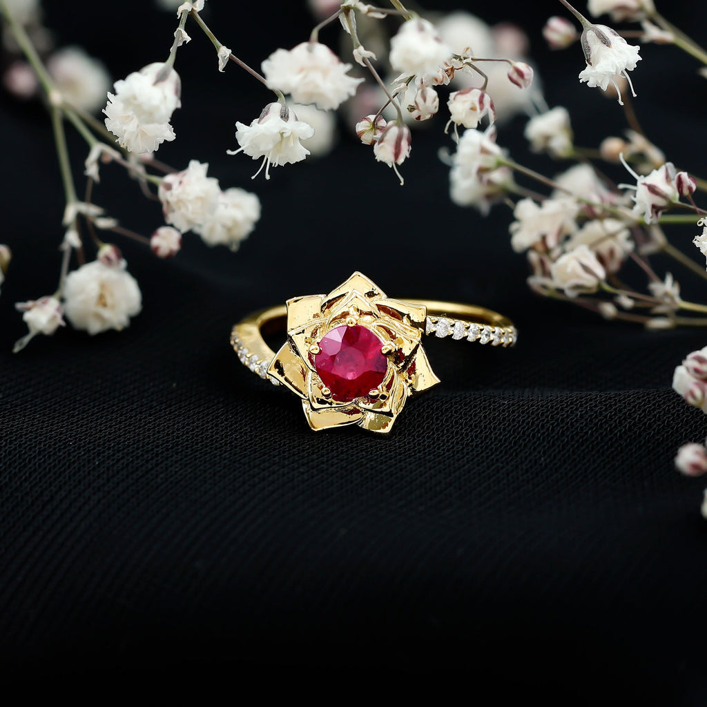 Round Ruby and Diamond Floral Engagement Ring with Bypass Shank
