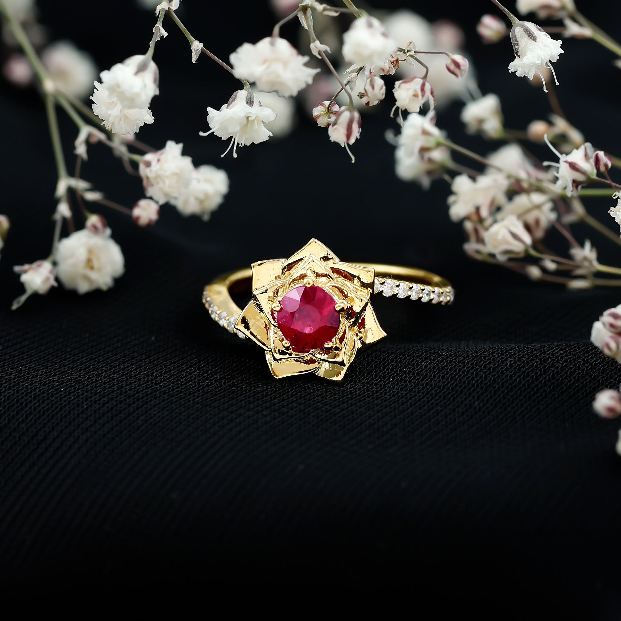 Round Ruby and Diamond Floral Engagement Ring with Bypass Shank