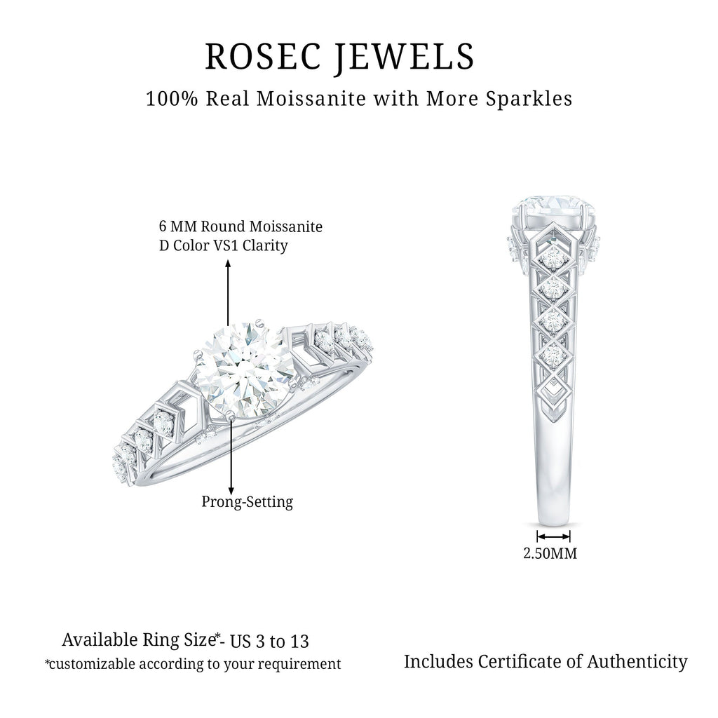 Round Cut Certified Moissanite Art Deco Engagement Ring