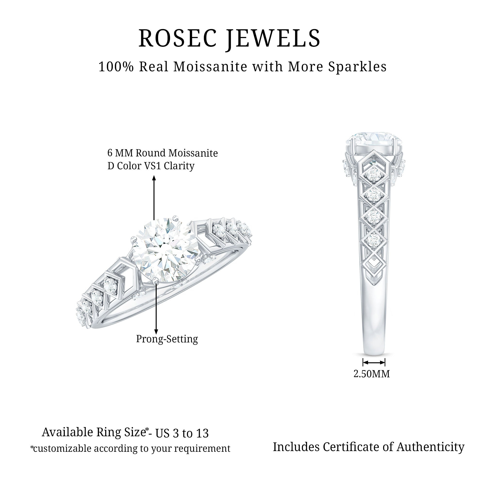 Round Cut Certified Moissanite Art Deco Engagement Ring