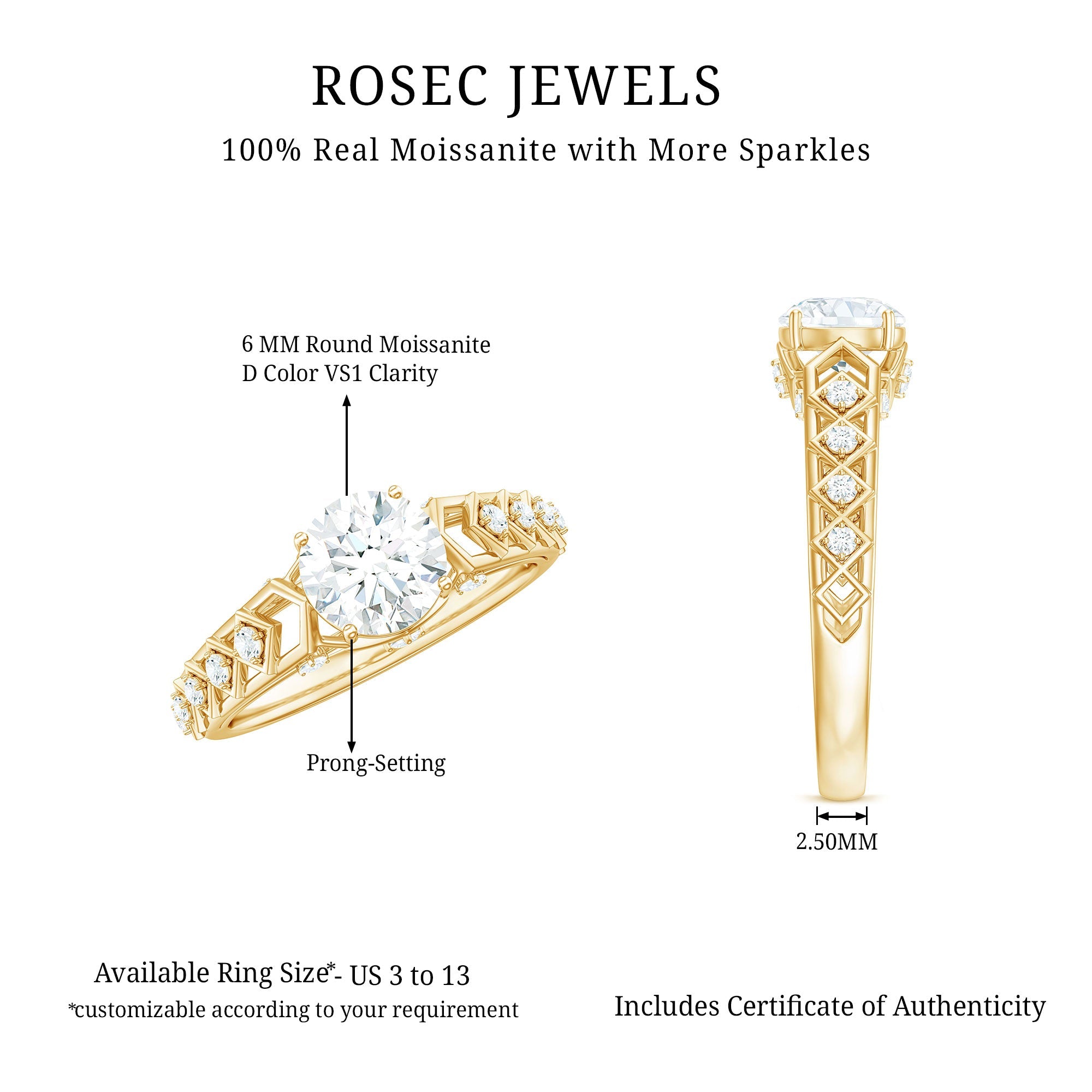 Round Cut Certified Moissanite Art Deco Engagement Ring
