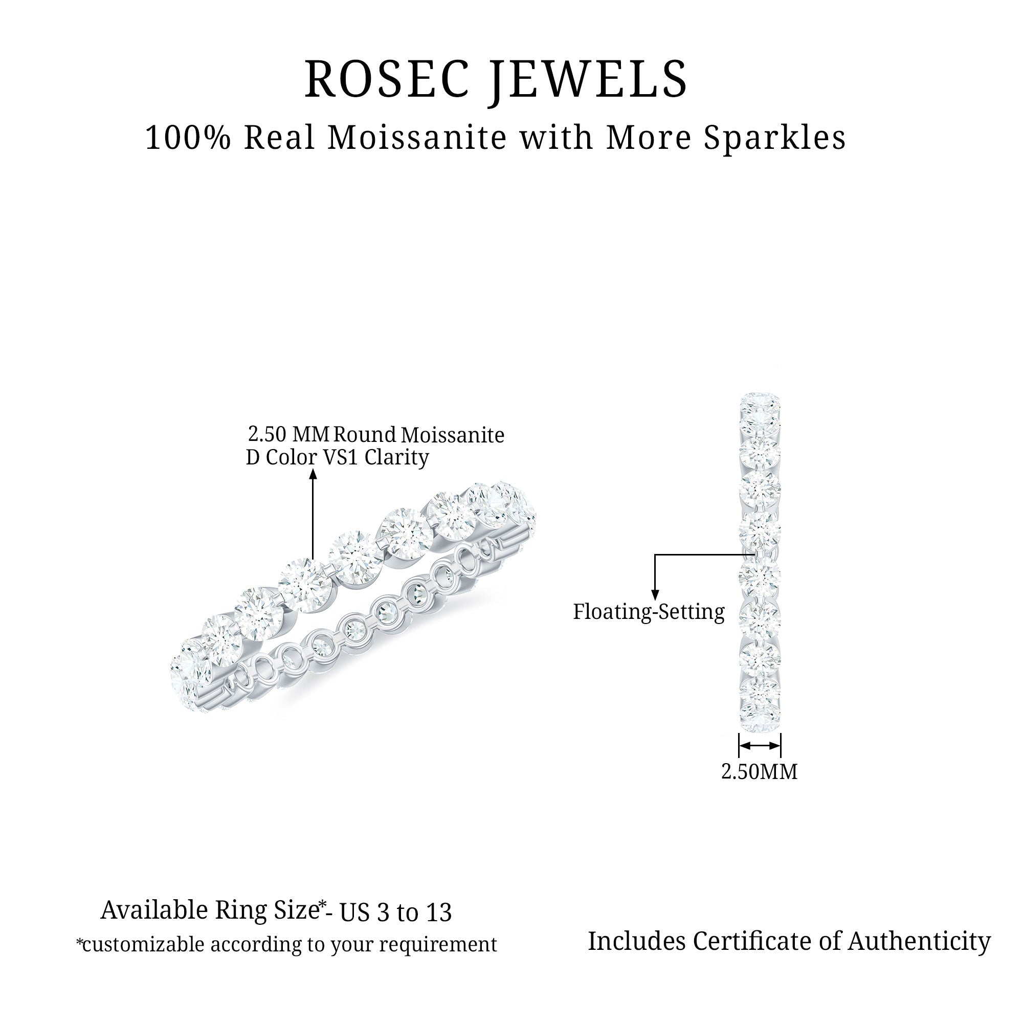 Certified Round Cut Moissanite Eternity Band Ring